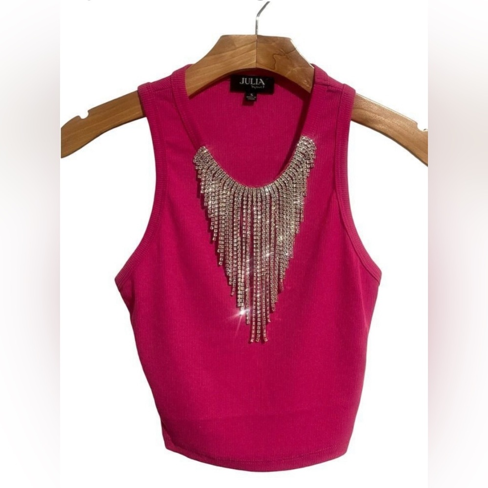 NWOT Julia By Love J Cropped Ribbed Rhinestone Fringe Sleeveless Top Size Small